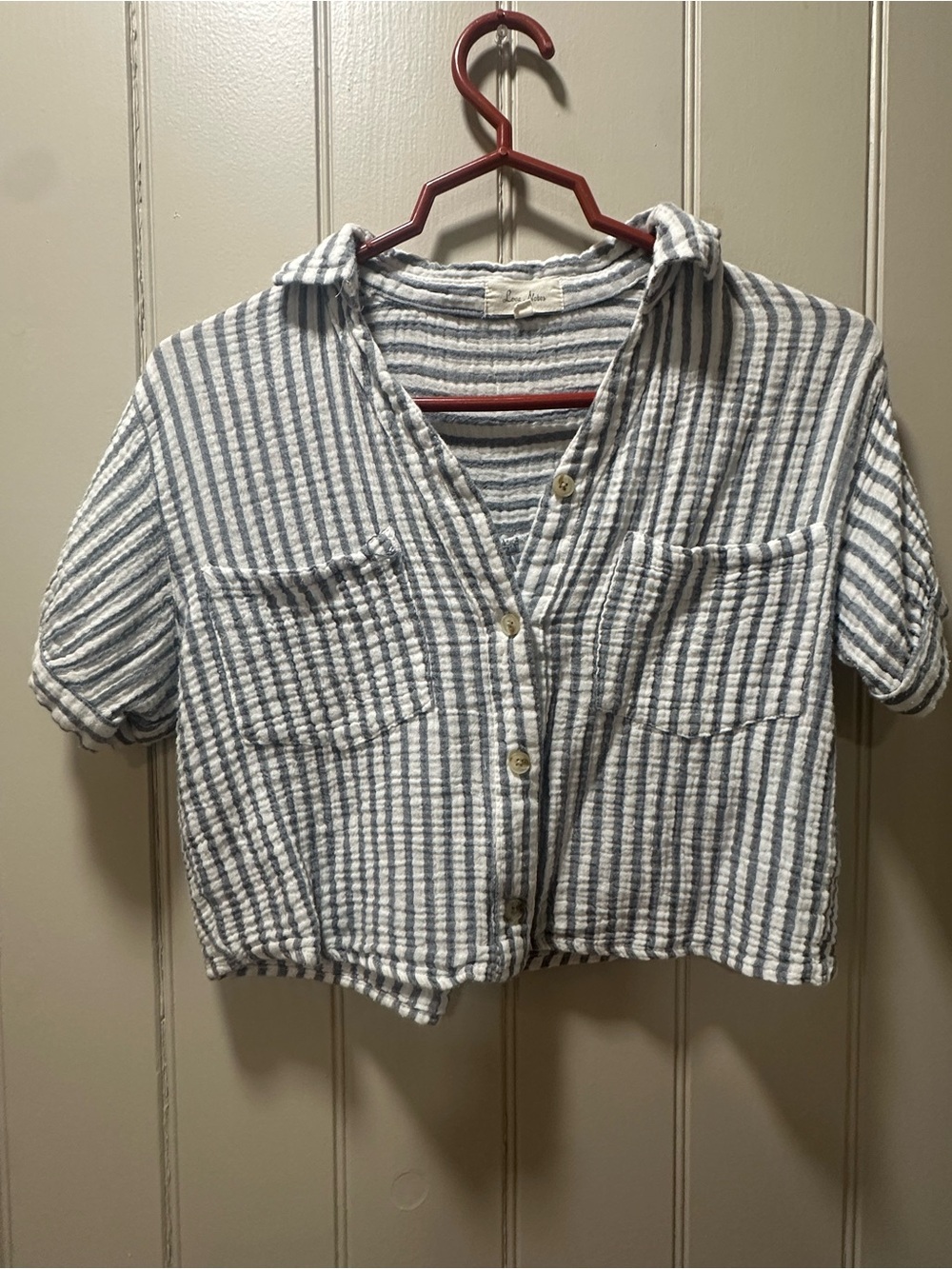 Love Notes Blue and White Striped Crop Button-Up Top